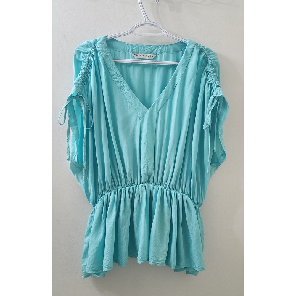 Trina Turk Turquoise Blue V-Neck Peplum Blouse Cinched Tie Sleeve 2203103HA1